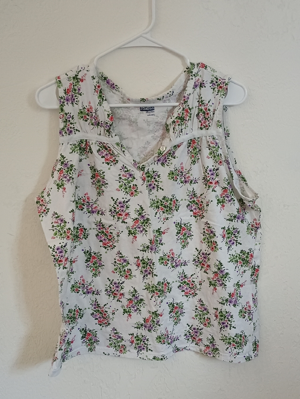 Basic Editions White Tank Top with Pink & Green Floral Print